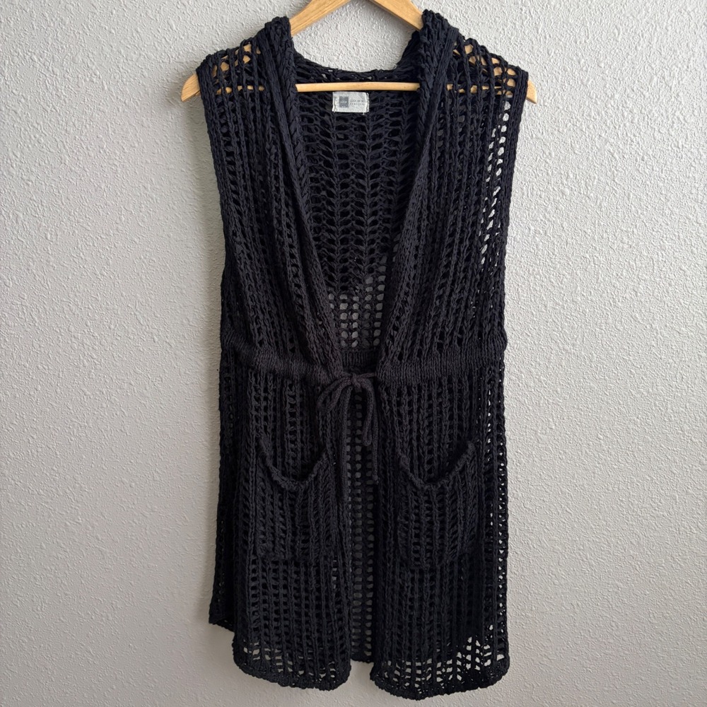 Look By M Black Crochet Sleeveless Tie Waist Hooded Cardigan Coverup Sweater OS